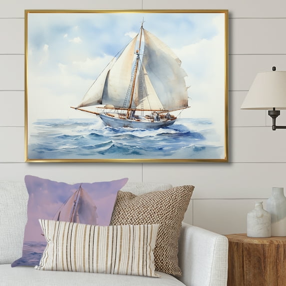 Designart "Coastal Serenity Watercolor Sailboat on Horizon III" Transportation Framed Wall Art - Modern White Boat Sailing Hallway Framed Wall Art Decor