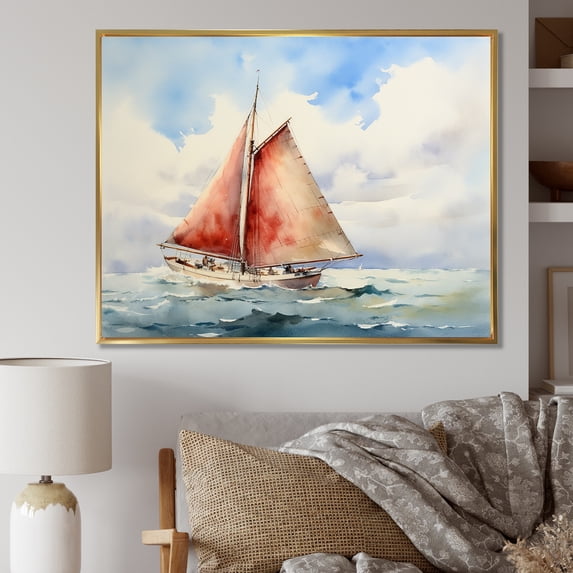 Designart "Coastal Serenity Watercolor Sailboat on Horizon II" Transportation Framed Wall Art - Modern White Boat Sailing Entryway Framed Wall Art