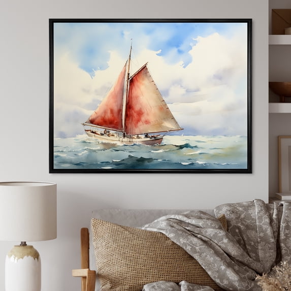 Designart "Coastal Serenity Watercolor Sailboat on Horizon II" Transportation Framed Wall Art - Modern White Boat Sailing Entryway Framed Wall Art