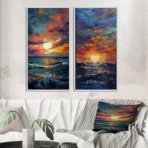 Designart "Coastal Sunset Contemplation with Cloudy Sky and Wild Waves II" Beach Framed Wall Art Set Of 2 - Coastal Yellow Frame Gallery Set For Office Decor