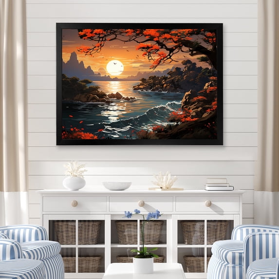 Designart "Coastal Sunset in Japan I" Coastal Framed Wall Art Decor - Coastal Red Coastal Beach Living Room Framed Canvas Art