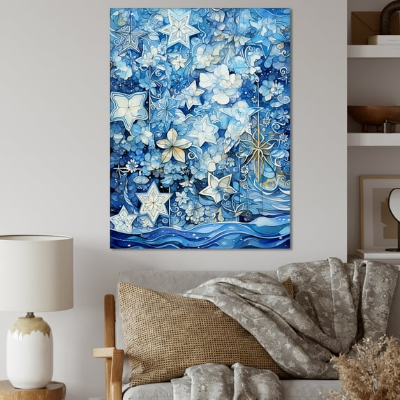 Designart "Coastal Tiles Collage in White and Blue II" Floral Canvas Wall Art - Modern White Abstract Botanicals Entryway Wall Art