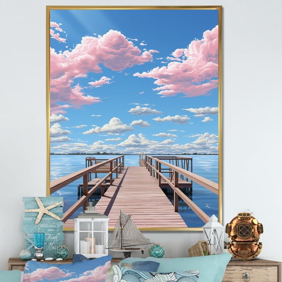 Designart "Coastal Tranquility Pier and Dock Views V" Nautical & Beach Floater Framed Wall Art Living Room