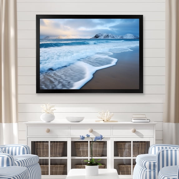 Designart "Coastal Tranquility White Wave Calm III" Coastal Framed Wall Art Decor - Coastal White Coastal Beach Living Room Framed Canvas Art