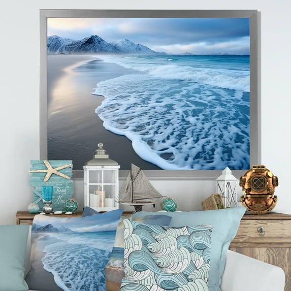 Designart "Coastal Tranquility White Wave Calm IV" Coastal Framed Wall Art Decor - Coastal White Coastal Beach Hallway Framed Wall Art Decor