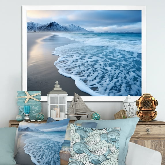 Designart "Coastal Tranquility White Wave Calm IV" Coastal Framed Wall Art Decor - Coastal White Coastal Beach Hallway Framed Wall Art Decor