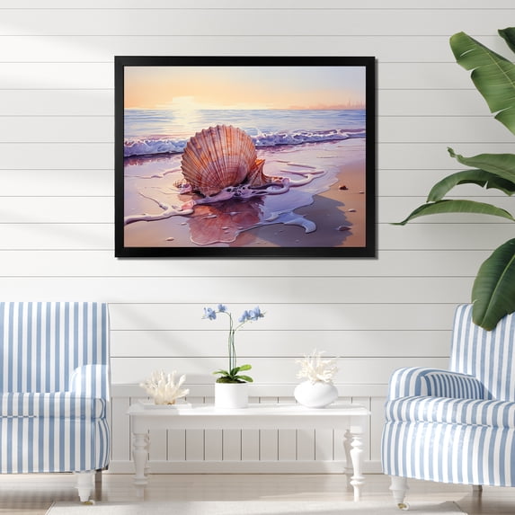 Designart "Coastal Treasures Sunset Seashell Collection III" Coastal Framed Wall Art Decor - Coastal Blue Coastal Beach Living Room Framed Canvas Art