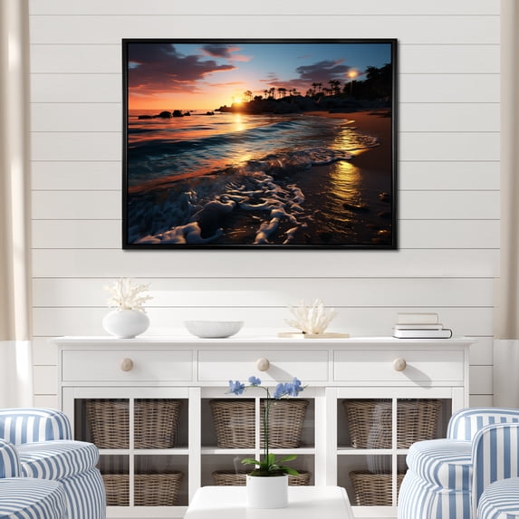 Designart "Coastal Twilight Rocky Beach wall art I" Nautical & Beach Floater Framed Wall Decor