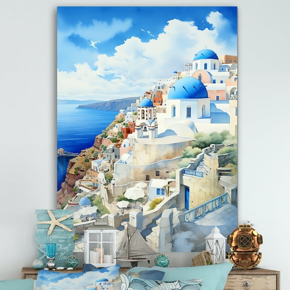 Designart "Coastal Village Charm Santorini, Greece III" Landscapes Canvas Wall Art - Country White Greece Bedroom Canvas Wall Art