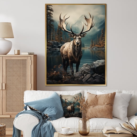 Designart "Coastal Wanderer Grey Moose wall decor" Animals Floater Framed Canvas Print