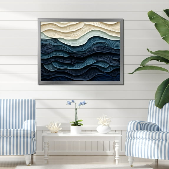 Designart "Coastal Wave's Edge in Blue and White" Coastal Framed Wall Art Decor - Coastal Blue Coastal Minimalism Living Room Framed Canvas Art