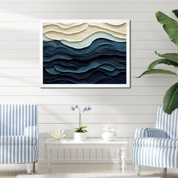 Designart "Coastal Wave's Edge in Blue and White" Coastal Framed Wall Art Decor - Coastal Blue Coastal Minimalism Living Room Framed Canvas Art