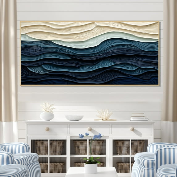 Designart "Coastal Wave's Edge in Blue and White" Oversized Coastal Framed Wall Art - Coastal Blue Coastal Minimalism Living Room Framed Canvas Art