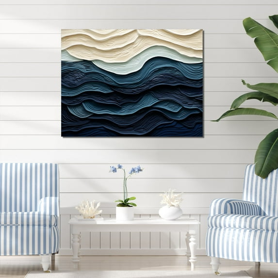Designart "Coastal Wave's Edge in Blue and White" Oversized Coastal Wall Art - Coastal Blue Coastal Minimalism Living Room Canvas Art