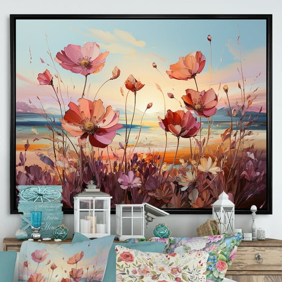 Designart "Coastal Wildflower Dreams" Wildflowers Floater Framed Wall Art Prints