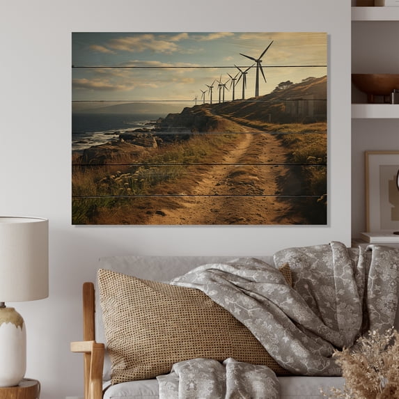 Designart "Coastal Wind Turbines with Propellers I" Landscapes Print on Natural Pine Wood