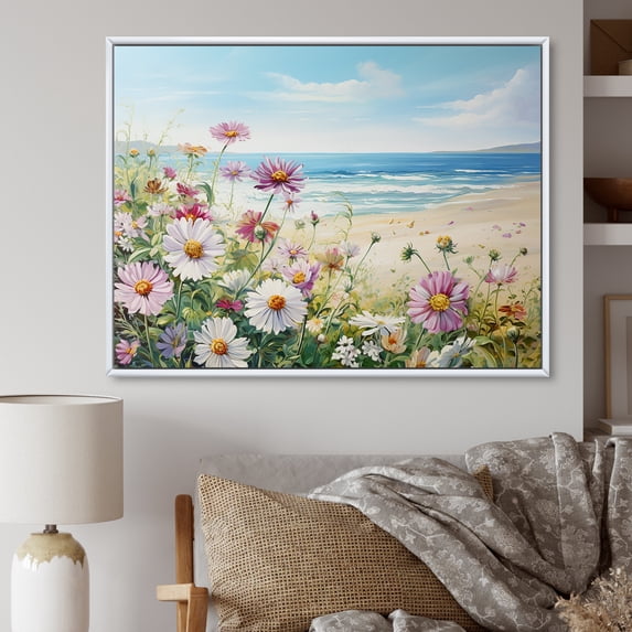 Designart "Coastal Zinnias" Zinnias Floater Framed Wall Art Living Room