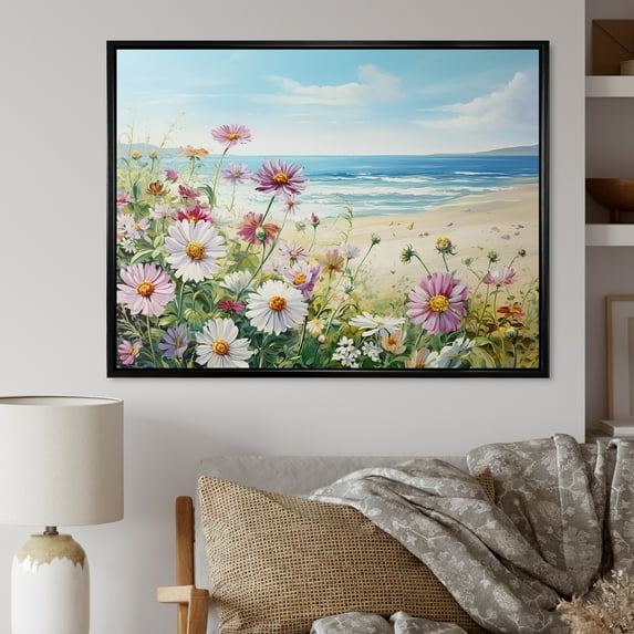 Designart "Coastal Zinnias" Zinnias Floater Framed Wall Art Living Room