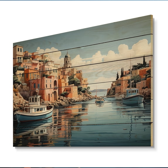Designart "CoastalSimplicity Harbor Hues II" Nautical & Beach Print on Natural Pine Wood