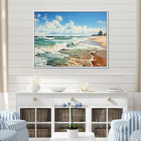 Designart "Coastalbeachsand Sandy Serenity Painting VI" Landscapes Floater Framed Wall Decor