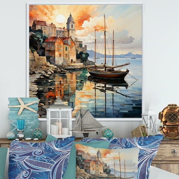 Designart "Coastalport Port Of Calm I" Nautical & Beach Floater Framed Canvas Wall Art