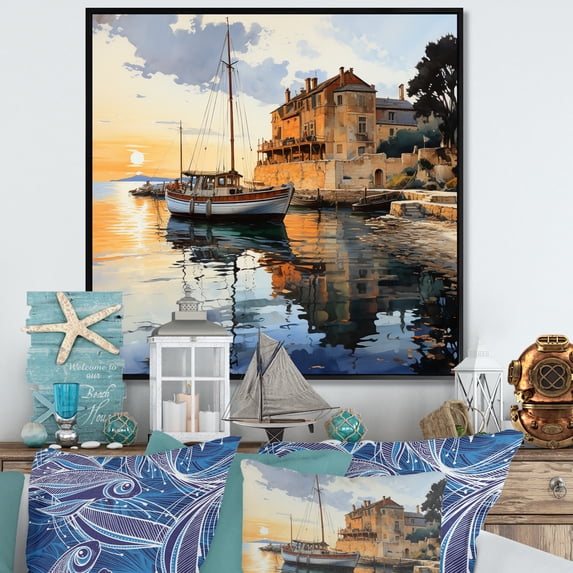 Designart "Coastalport Port Of Calm III" Nautical & Beach Floater Framed Canvas Print