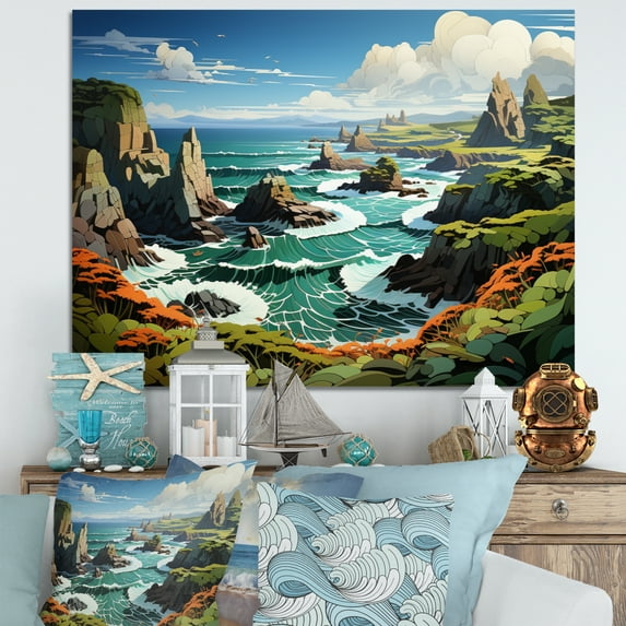 Designart "Coastline Papercut Coastal Rocky wall art" Landscapes Wall Art Print