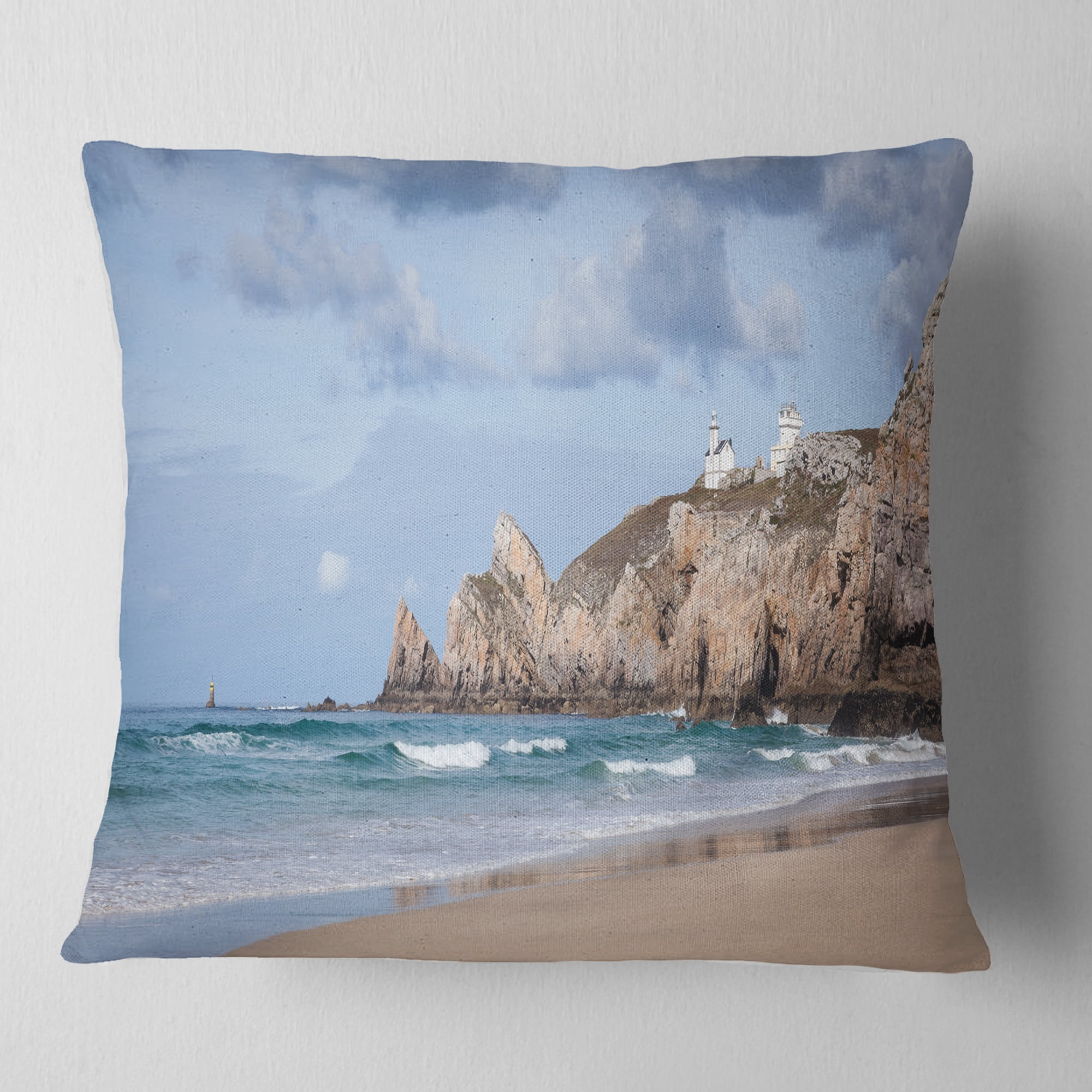 Designart Coastline with Lighthouse Panorama - Seashore Throw Pillow - 18x18