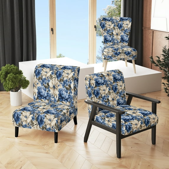 Designart "Cobalt Blue Bouquets III" Blue Floral Upholstered Accent Chair - Cottage Arm Chair For Living Room