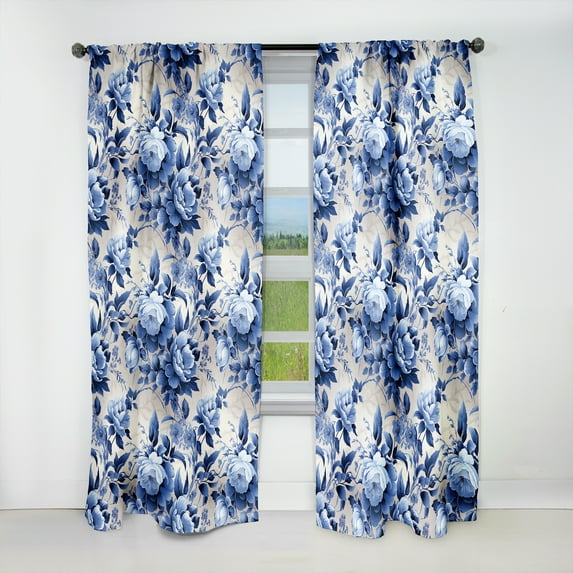 Designart "Cobalt Blue Double Cameo II" Floral Blackout Curtain Panels