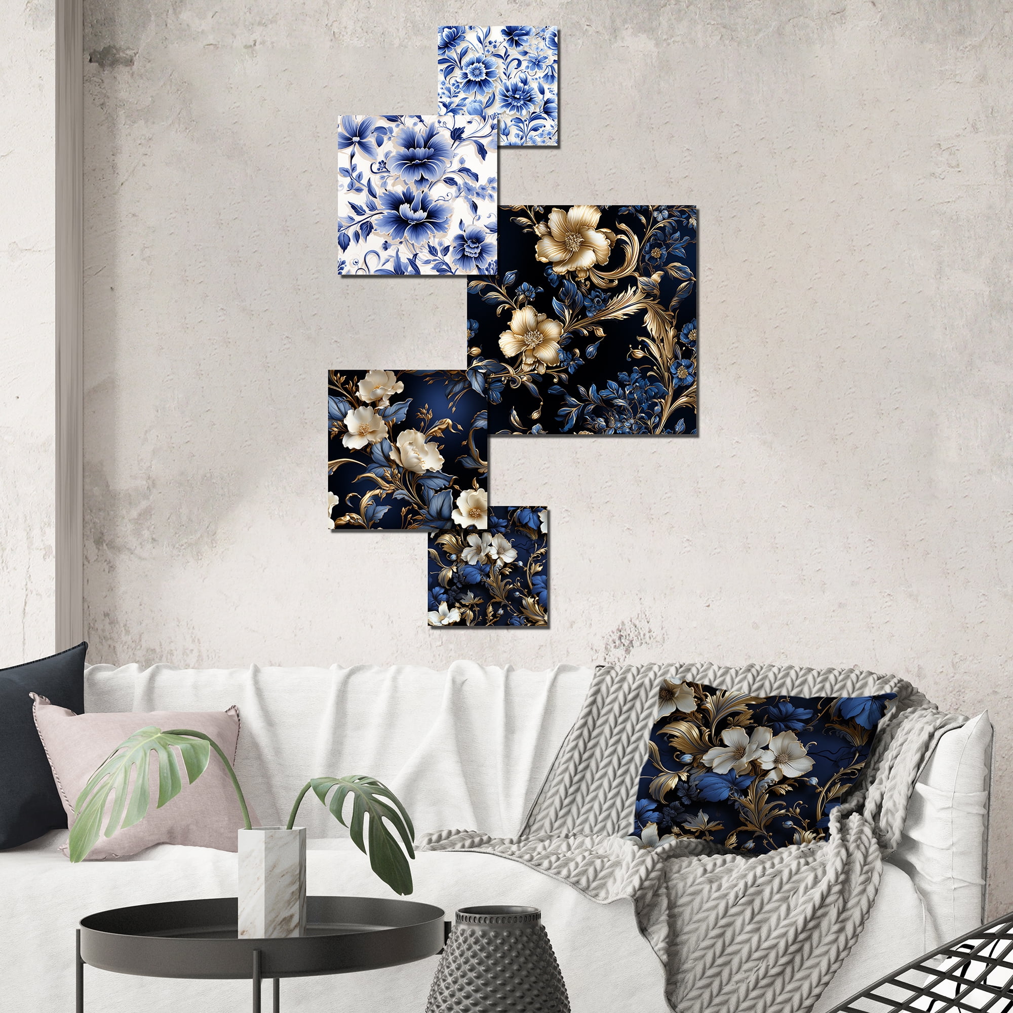 Designart "Cobalt Blue Filigree Flourish VI" Floral Wall Art Set Of 5 ...