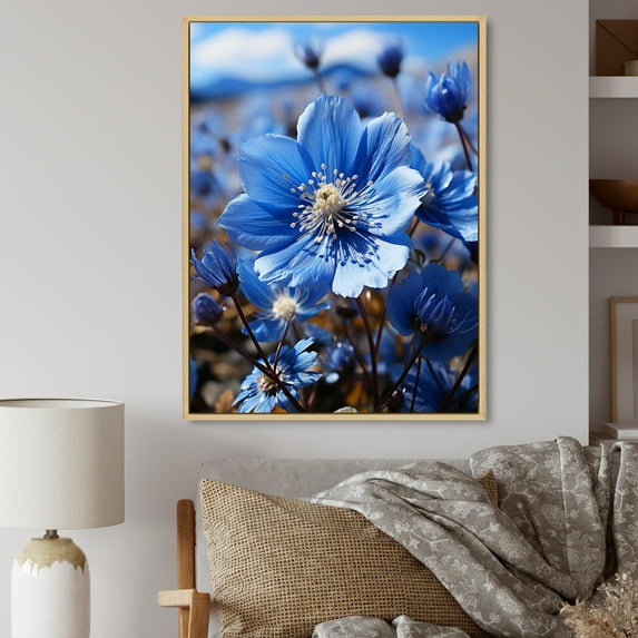 Designart "Cobalt Delight Blue Flower art painting" Floral Floater Framed Wall Decor