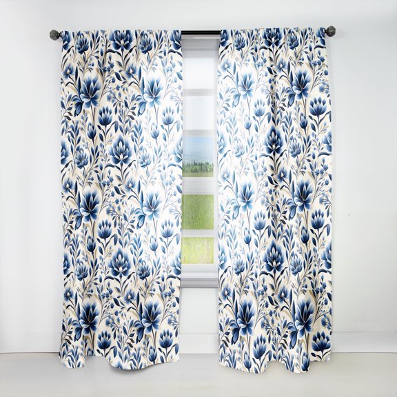 Designart "Cobalt Floral Damask I" Botanical Traditional Curtain, Floral Single Panel