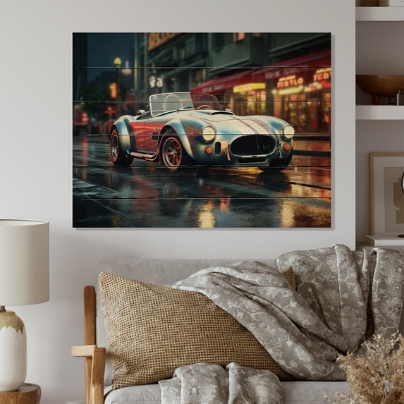 Designart "Cobra Car at Night in Classic Style I" Classic Print on Natural Pine Wood