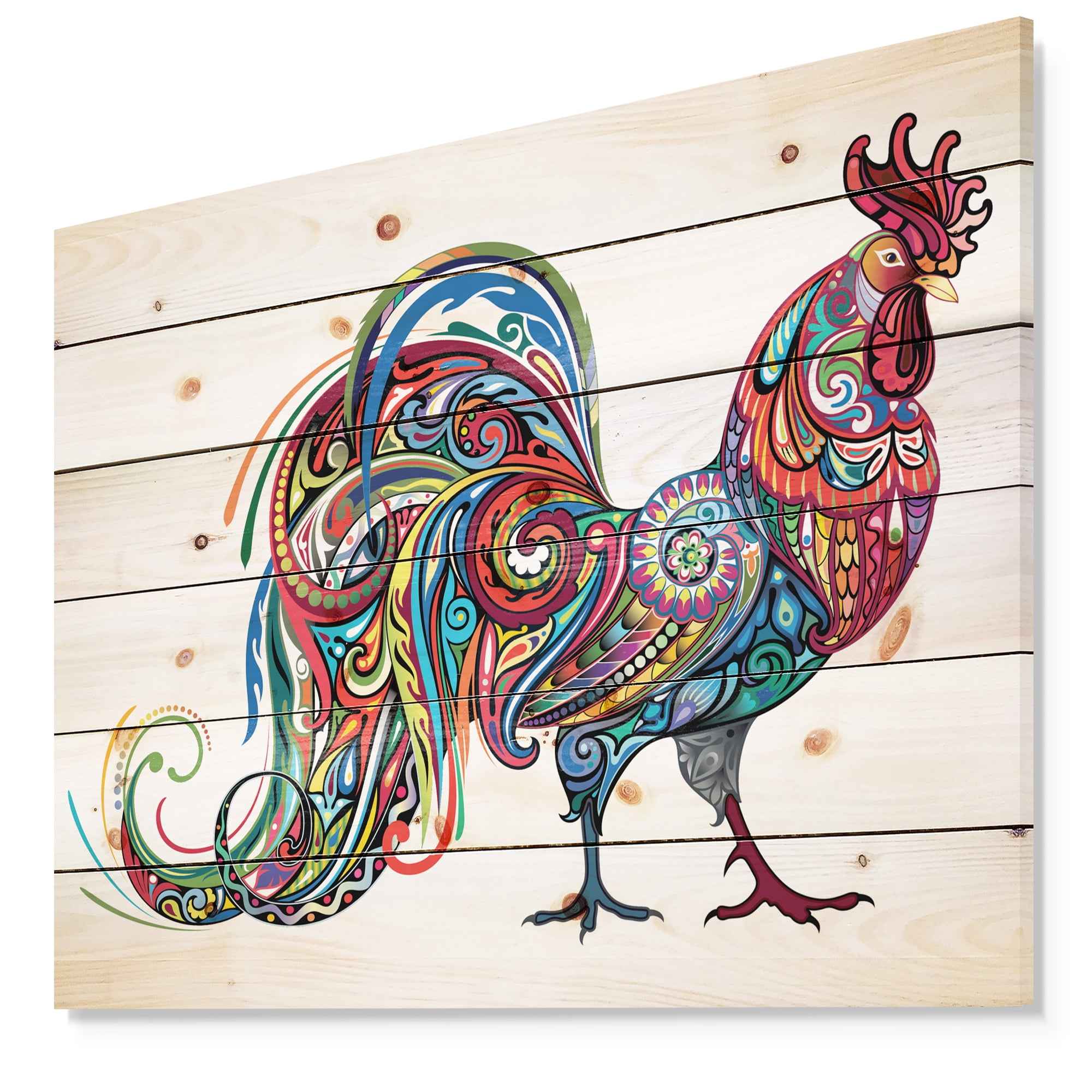 Designart 'Cockerel farm animal' Farmhouse Animals of Painting Print on Natural Pine Wood