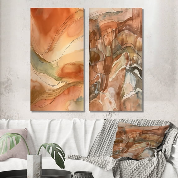 Designart "Cocoa Dreams Abstract in Terra Cotta II" Abstract Painting Wall Art Set Of 2 - Modern Brown Gallery Set For Office Decor