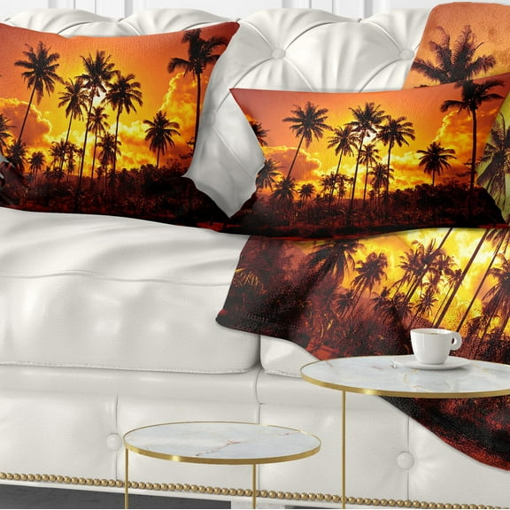 Designart Coconut Palms Against Yellow Sky - Landscape Photography Throw Pillow - 12x20