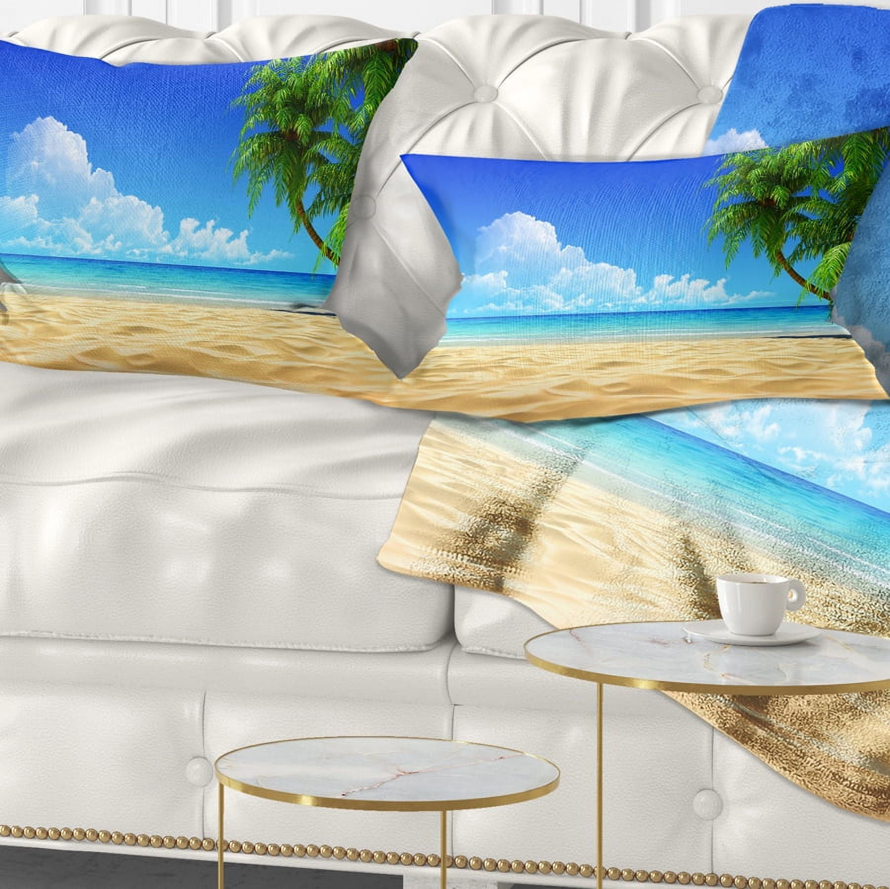 Designart Coconut Palms Bent into Beach - Seashore Throw Pillow - 12x20