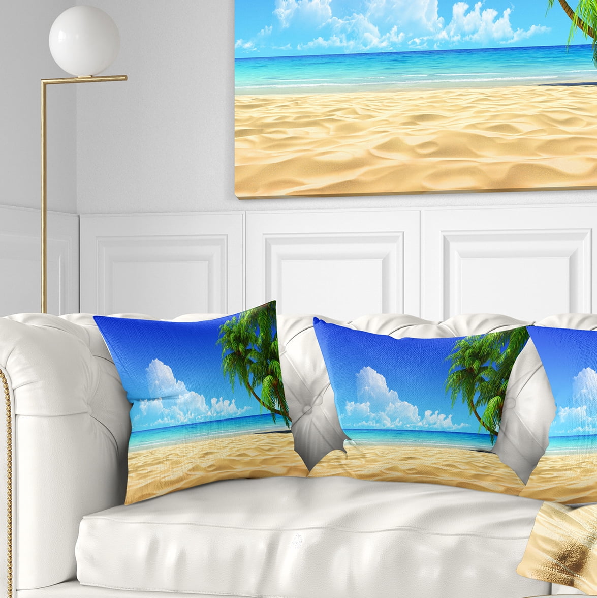 Designart Coconut Palms Bent into Beach - Seashore Throw Pillow - 16x16