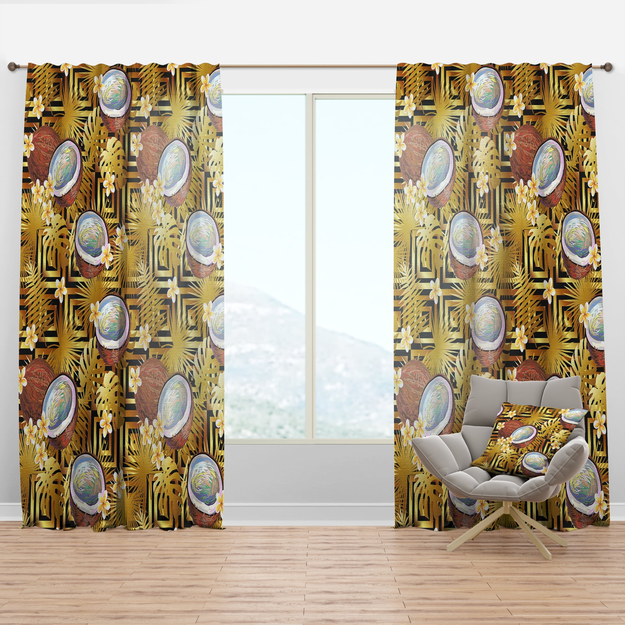 Designart 'Coconuts and Flowers With Tropical Pattern' Tropical Curtain Panel