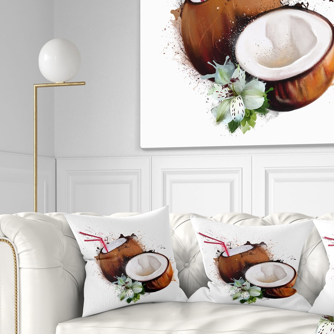 Designart Coconuts with Straw Watercolor - Floral Throw Pillow - 18x18