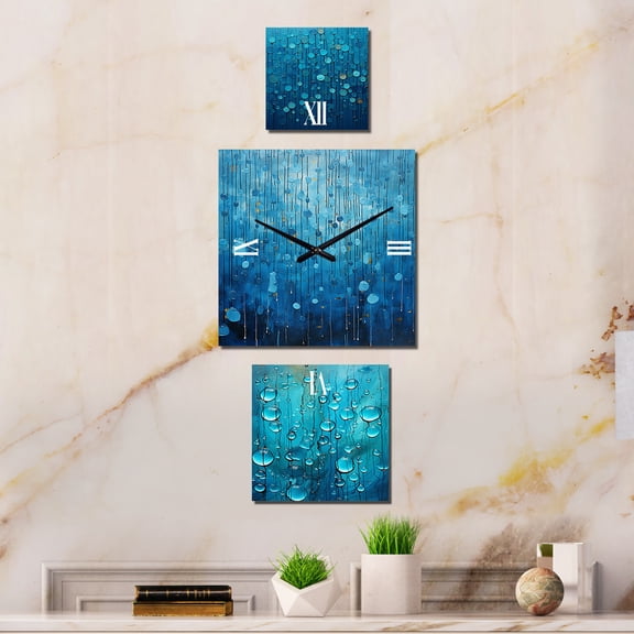 Designart "Collage of Abstract Rainy Blues" Abstract Shapes Oversized Contemporary Clock - Set Of 3 - Extra large Clock For Office Décor - Large Vertical Clock