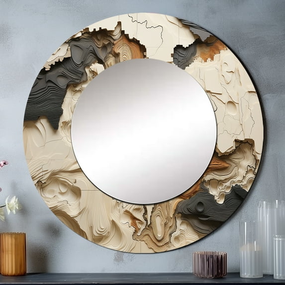 Designart "Collage Of An African River In Beige And Brown" Abstract Shapes Round Mirror Wall Decor Modern - Large Beige Round Office Mirror - Round Mirror - 29" x 29"