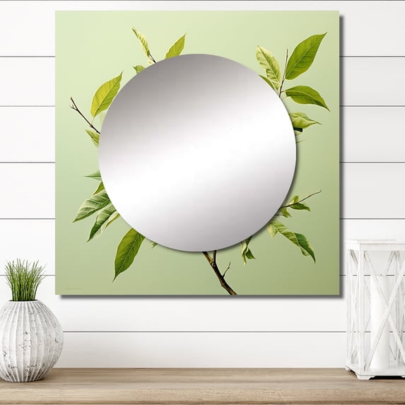 Designart "Collage of Green Ferns in a Simple Design I" Leaves Square Mirror Wall Decor Traditional - Large Green Square Bathroom Mirror - Square Printed Wall Mirror Art