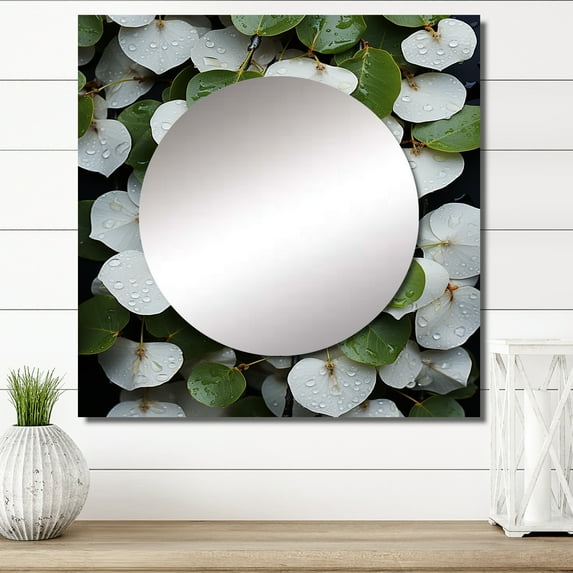 Designart "Collage of Green and White Leaves" Botanical Square Mirror Wall Decor Traditional - Large Green Square Bathroom Mirror - Square Printed Wall Art