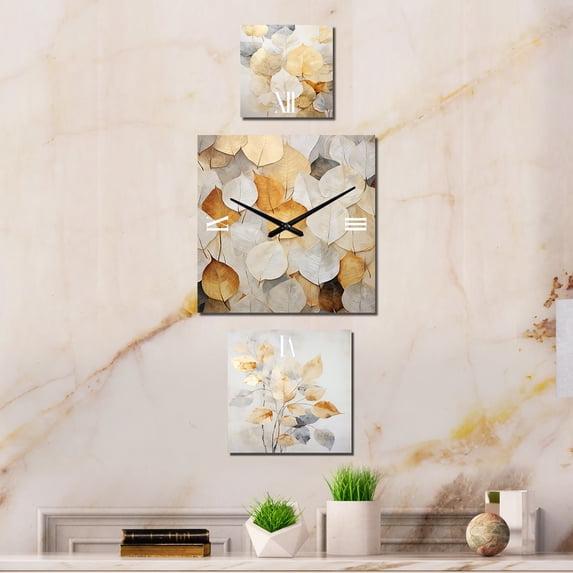 Designart "Collage of Minimalism in Gold Leaves" Herbs Oversized Traditional Clock - Set Of 3 - Extra large Clock For Office Décor - Large Vertical Clock