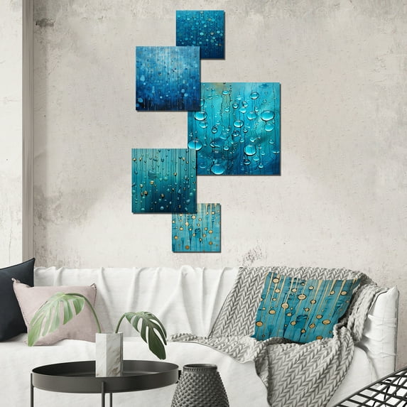 Designart "Collage Of Abstract Rainy Blues" Abstract Shapes Wall Art Set Of 5 - Blue Modern Living Room Metal Art Set
