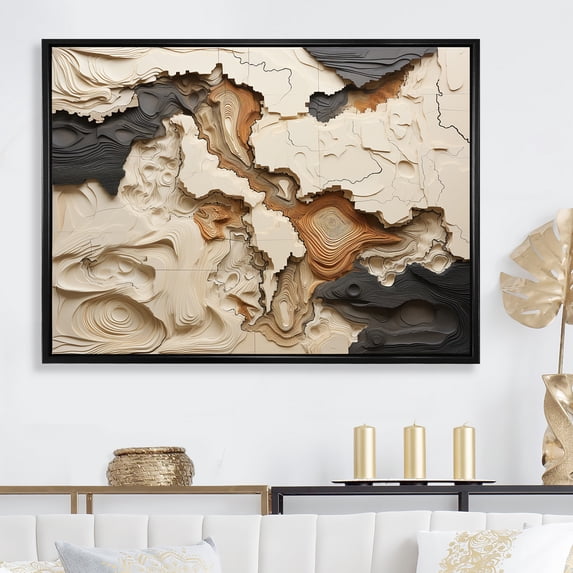 Designart "Collage Of An African River In Beige And Brown" Abstract Shapes Floater Framed Canvas Prints