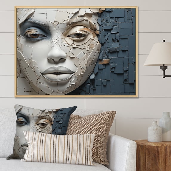 Designart "Collage Of An African Woman In Blue And Beige" Africa Floater Framed Wall Art Prints