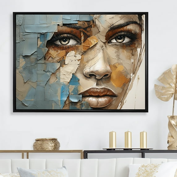 Designart "Collage Of An African Woman With Paint I" African American Art Floater Framed Wall Art Prints